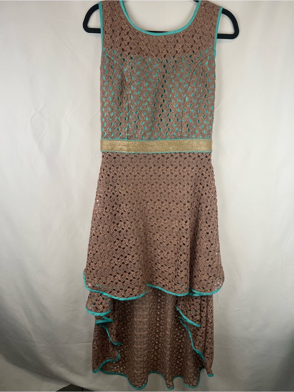 RHYTHM Indian Dress | Bronze Lace Overlay Turquoise Rhinestone Waist